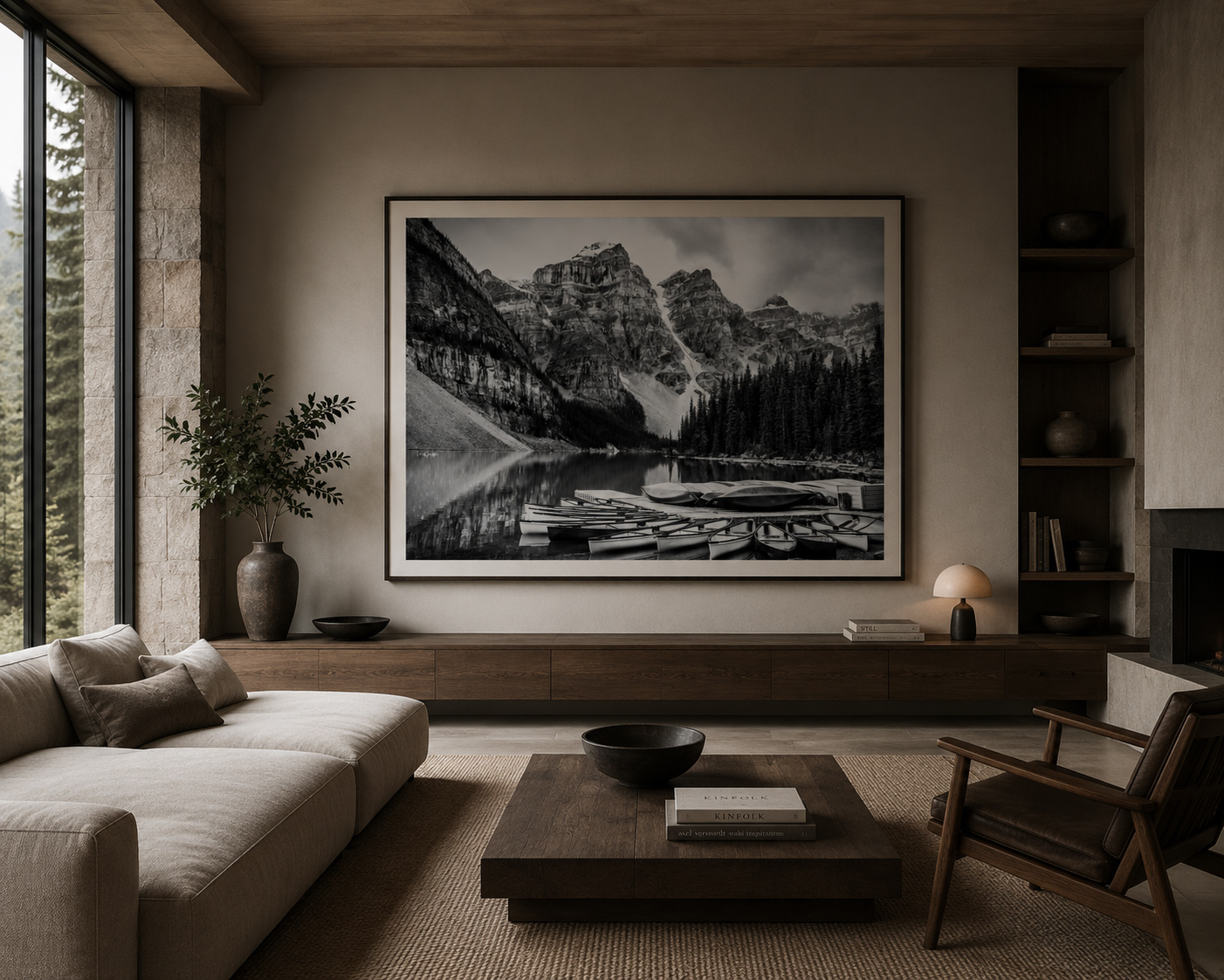 Warm residential living room with black and white Moraine Lake artwork